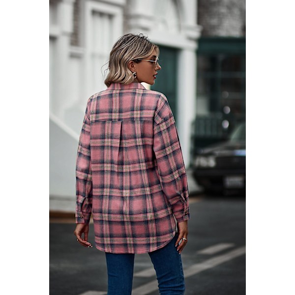Rutete Langermet Skjorte Dame Knapper Ullblanding Tynn Jakke Casual Bluse Topper med Lomme Rosa