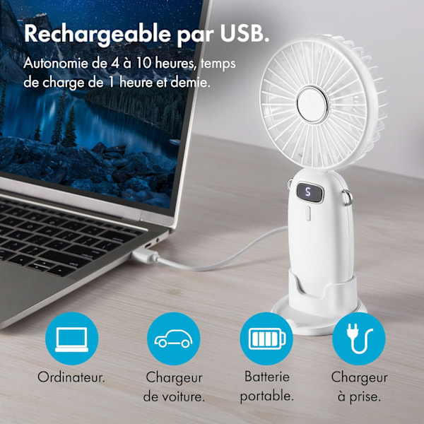Kannettava tuuletin - Mini kevyt USB-tuuletin, 5 nopeutta, 90° kokoontaitettava, 60 cm hihnalla, puhelinteline - toimistoon, kotiin, matkoille (valkoinen)