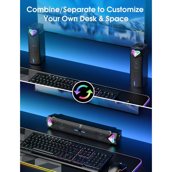 Datorhögtalare, Dynamisk RGB Bluetooth Soundbar, Dubbel Hi-Fi Stereo Sound Bar och Gradient RGB-belysning för Laptop, USB-drivna högtalare