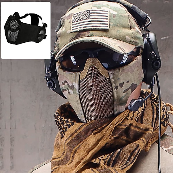 Mesh Maske, Halv Ansigt Mesh Masker med Ørebeskyttelse til CS/Jagt/Paintball/Skydning Black
