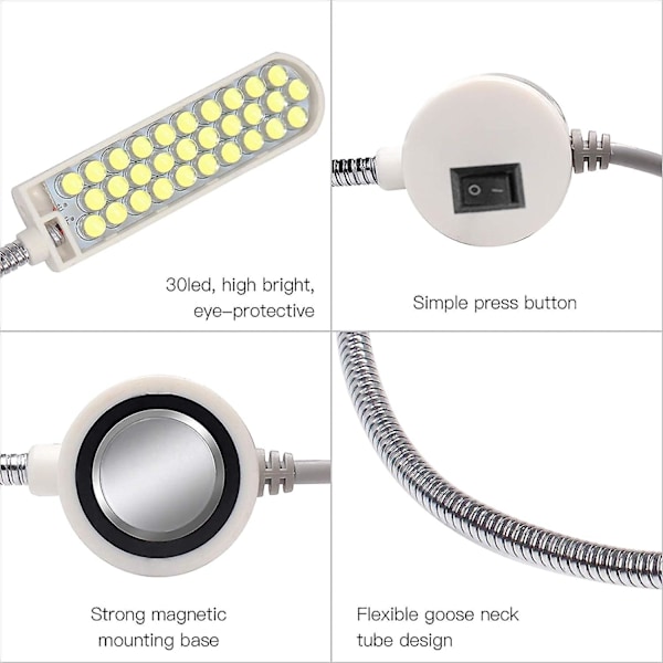 2 st 2W 30 LED-lampor för symaskin med fast bas, flexibel magnetisk slang, svanhals för hushåll