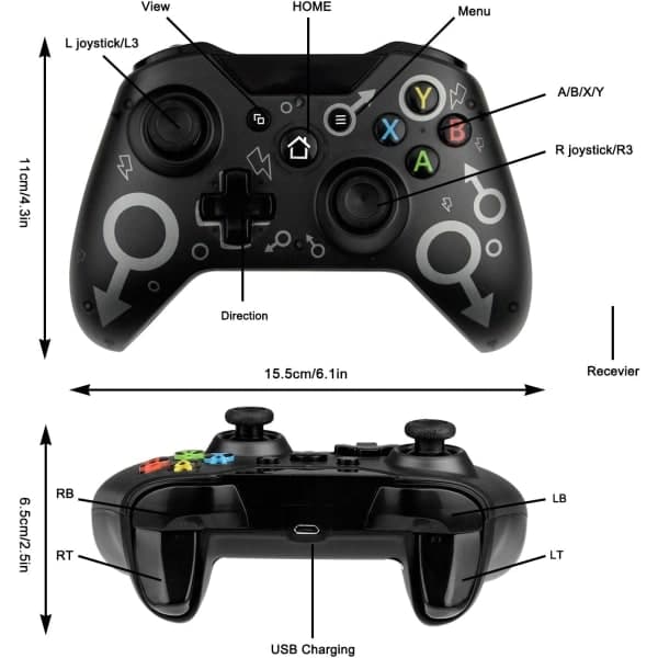 Trådløs controller til Xbox One, Xbox Controller med 2,4 GHz trådløs adapter, Xbox One X/Xbox One S/PS3 og PC (Sort)