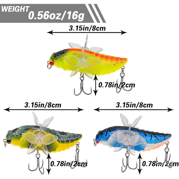 3-pack fiskedrag med propellerdesign för öring, gädda, abborre, sötvatten och saltvatten 3pcs