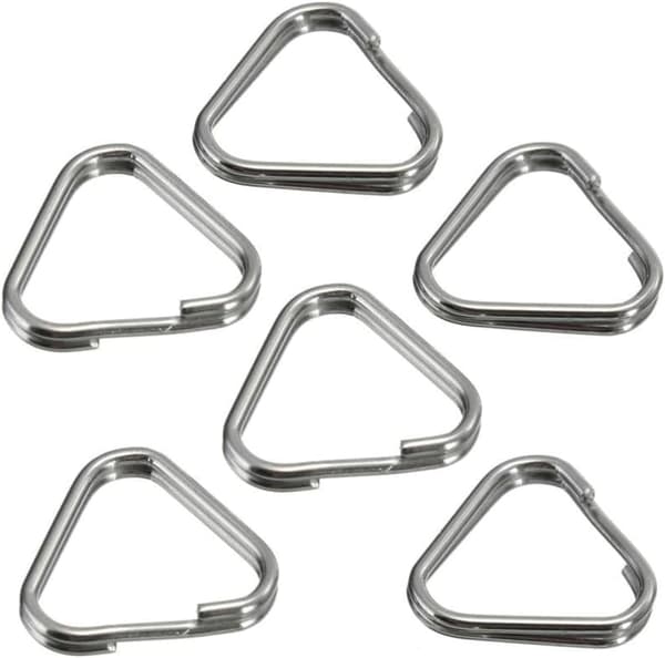 Set med 6 delade ringar/nyckelringar för fastsättning av kamerarem, triangulär form, diameter: 12 mm, silver