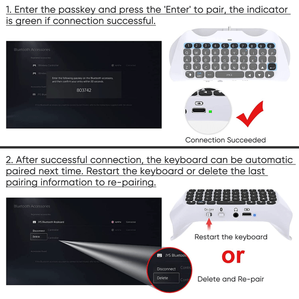 Trådløst controller-tastatur til PS5, Bluetooth 3.0 Mini Port