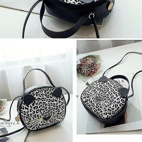 Mini Leopard Skuldertaske Crossbody Taske Pung Sød Kat Taske Rund Møntplade (Sort Leopard Print) Sort Black
