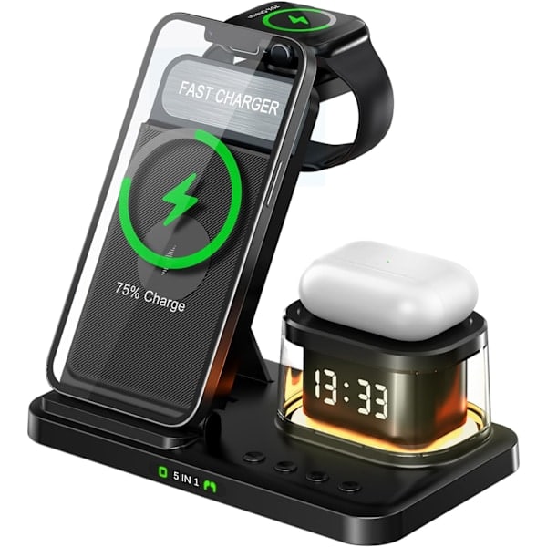 iPhone Trådløs Lader 5 i 1 LED, Apple Ladestasjon for Reise og Hjemmebruk, Multifunksjonell Ladestativ Svart 5i1 Black 5in1