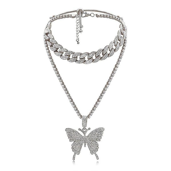 Mode Layered Butterfly Pendant Micro Shiny Zircon Rhinestone Charm Silver