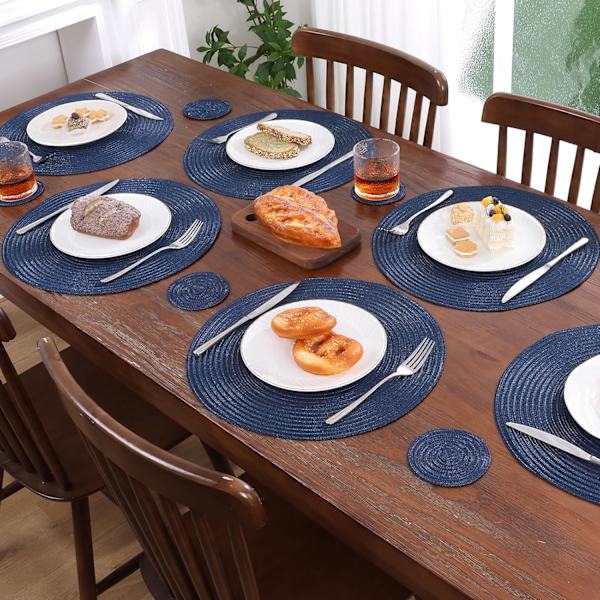 15\" Rund Vävda Dukunderlägg, Halkskyddande Isolering Vävda Bomullsduksunderlägg, Tvättbara (Set om 6) Azul Marino 6pc placemats and 6pc coasters