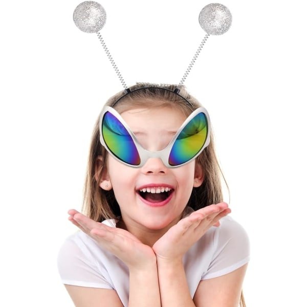 Alienkläder-tillbehörssats, 2 par alien-solglasögon och 2 par silver Mars-antennhörlurar för Halloween
