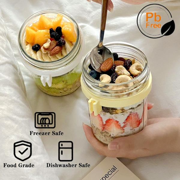 Mason Jar med bred mund, 473 ml Madpakke Glas, Havregrynsglasbeholder med låg og ske, Salat Frokostbeholder med volumen skala til yoghurt, havregryn