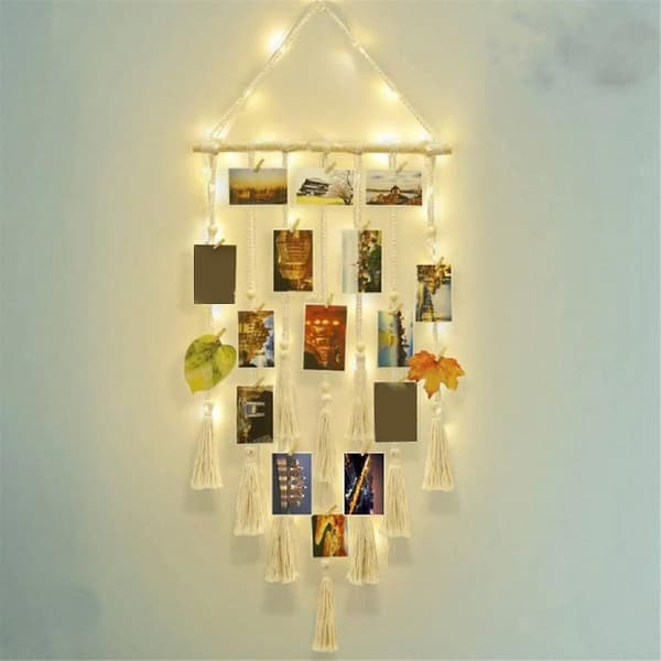 Vægophæng Billeddisplay Macrame Med Fe Lys Og Klemme B