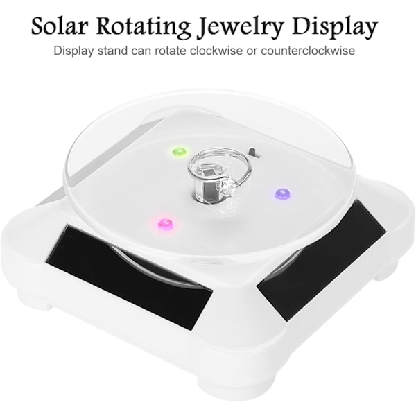 Solar Display Stand Dreieskive, 360 Graders Roterende Stativ Hylle Utstillingsvindu med LED-lys for Smykker Klokke Hobby Samling White