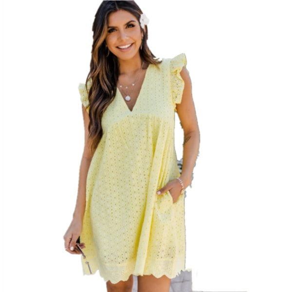 Sommar V-ringad kort kjol Enfärgad klänningsbyxa för 2023 yellow S