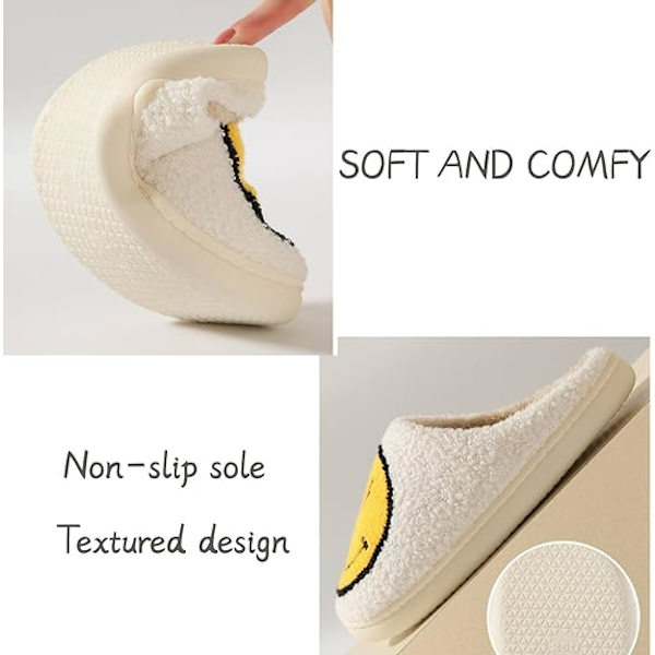 Smile Face Tøfler Innendørs Utendørs, Smile Happy Face Tøfler, Retro Tøfler for Kvinner Hus Myke Fluffy Tøfler. Light yellow