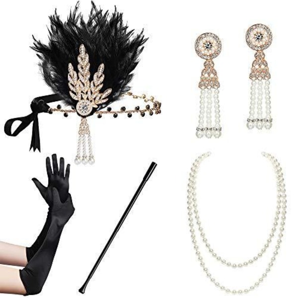1920-tals set Flapper Pannband, örhängen, pärlhalsband, handskar Style 7