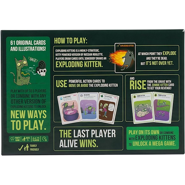 Exploding Kittens Zombie Kittens, Exploding Kittens -korttipeli aikuisille, teineille ja lapsille - Hauskoja perhepelejä