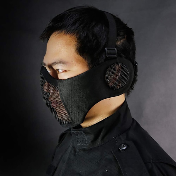 Mesh Maske, Halv Ansigt Mesh Masker med Ørebeskyttelse til CS/Jagt/Paintball/Skydning Black