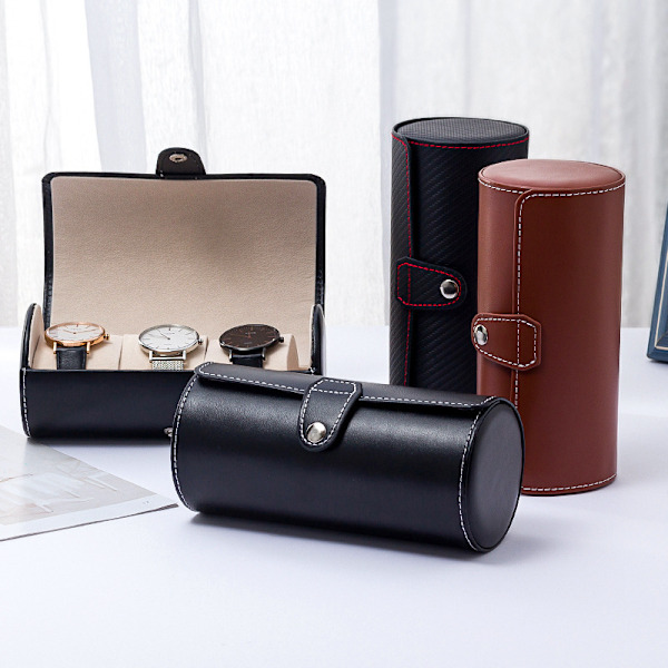 Resväska för klockor, klocklåda för män, 3 fack bärbar resväska för klockor Cylinder Roll Holder Armbandsklocka Smyckendisplay (Svart) Black
