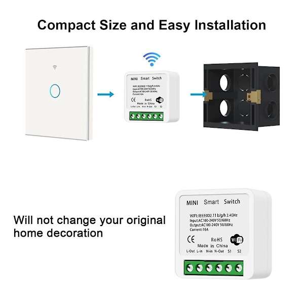 2 stk. Wifi Smart Bryter Lysbryter, App Fjernkontroll, Stemmestyring