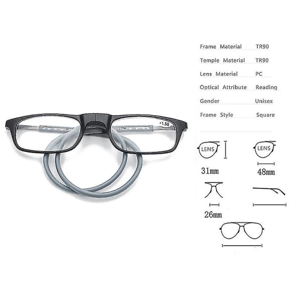 Läsglasögon Högkvalitativa Tr Magnetic Absorption Hanging Neck Funky Readers Glasögon Grey 2.75 Magnification