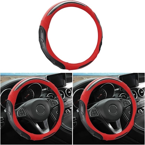 Rattmuff i Läder, Bilrattsskydd med Stretch, Universal 15 Tum Halkfri Andningsbar Luktfri Ratt Svart/Röd Black/Red