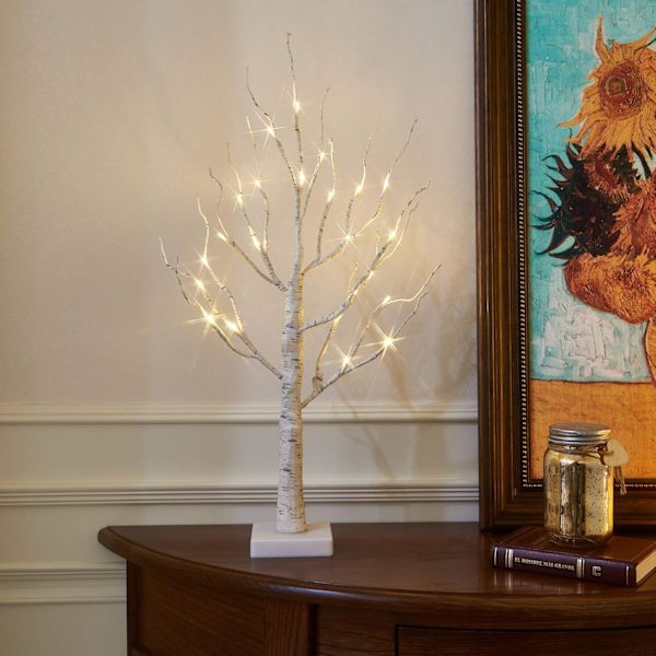 Vit Julgran med Ljus Mini Björkträd Ornament med 24 Varma Vita LED-lampor Batteridriven Borddekoration