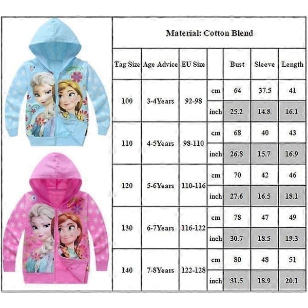 Piger Frozen Print Langærmet Hættejakke Løs Hætte Efterårsjakke - Lyseblå Egnet til Højde 140cm Light Blue Height 140cm