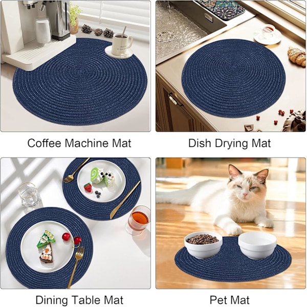 15\" Rund Vävda Dukunderlägg, Halkskyddande Isolering Vävda Bomullsduksunderlägg, Tvättbara (Set om 6) Azul Marino 6pc placemats and 6pc coasters