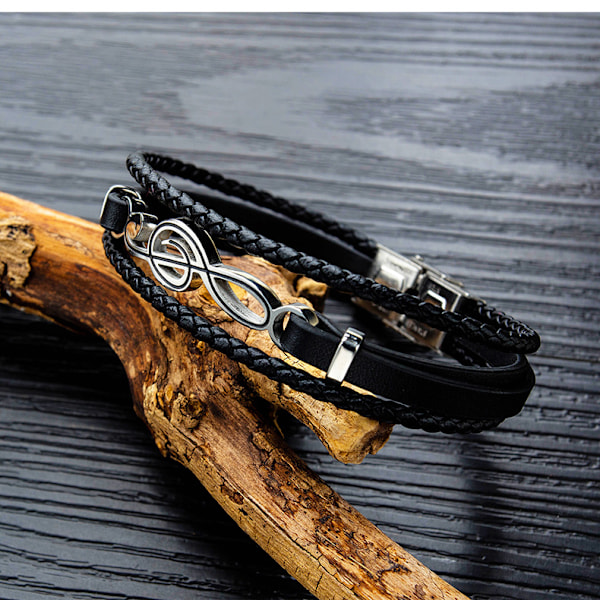 Herre Læder Armbånd Sort Brun Multilayer Flettet Reb Guitar Diskantnøgle Musik Note Smykke Armbånd Justerbart