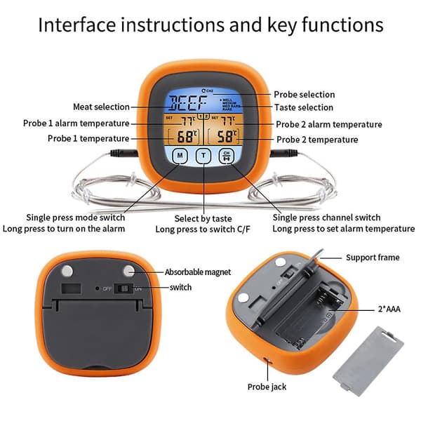 Kødtermometer til grillning og rygning 2 prober Touch Screen Temp