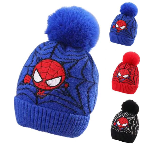 Pojkars Spiderman Stickad Mössa Vintermössa Pompom Skidmössa Blå Blue