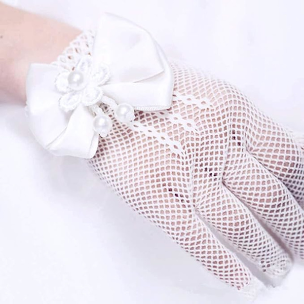 Ett par eleganta flickhandskar, satinrosett fisknätshandskar med långa manschetter på handleden, lämpliga för blomsterflickor