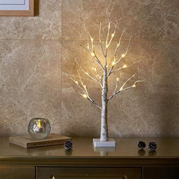 Hvitt juletre med lys Mini bjørkekvist tre ornament med 24 varmhvite LED-lys Batteridrevet borddekorasjon