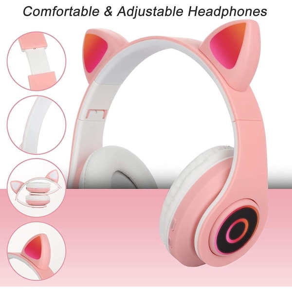 Bluetooth Over-ear Hörlurar Rosa Girl Cat Ear Hörlurar Led-ljus Fällbara Stereo Trådlösa Hörlurar Headset för barn Teleskopisk brusreducering