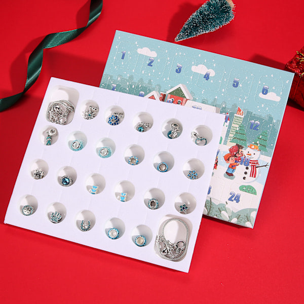 24 stk. Julekalender, DIY Julearmbåndssæt 24 Dages Nedtællings Charm Smykker Blind Box Julepynt til Børn Blå Blue