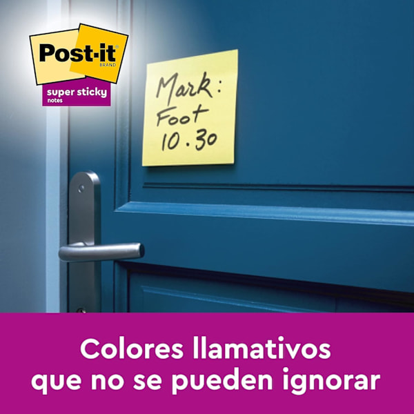 Post-it Super Sticky Notes, Kanariegula, 76 mm x 76 mm, 90 ark/block, 4 block/förpackning + 2 GRATIS - Extra klibbiga lappar för att göra-listor och påminnelser