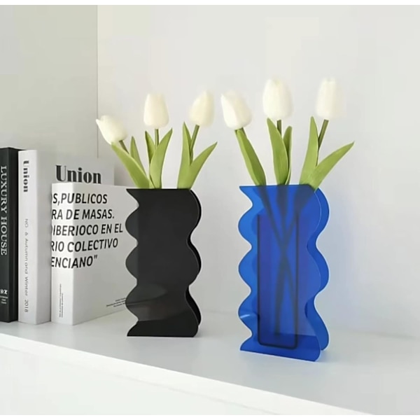 Svart akrylvas, geometrisk akrylblomvas, höga vågformade akrylvaser för blommor, moderna blomvaser för mittpunkter, för hemmet