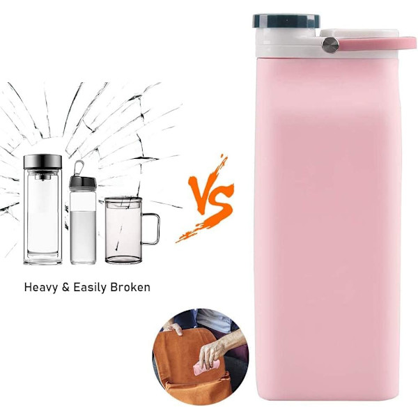 Hopfällbar Vattenflaska BPA-fri - 590 ml Vikbar Vattenflaska för Resor Sportflaskor med Trippel Läcksäker Pink