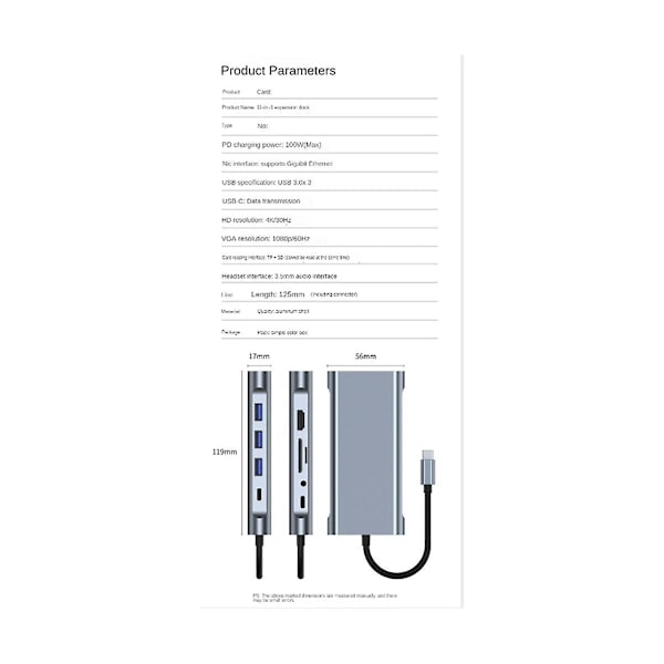 11-i-1 USB-C-docka, USB-hubb 3.0, splitter, multiportadapter, 4K-kompatibel, RJ45, SD/TF, VGA, PD, ljud