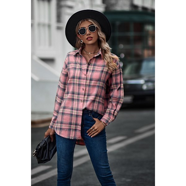 Rutete Langermet Skjorte Dame Knapper Ullblanding Tynn Jakke Casual Bluse Topper med Lomme Rosa