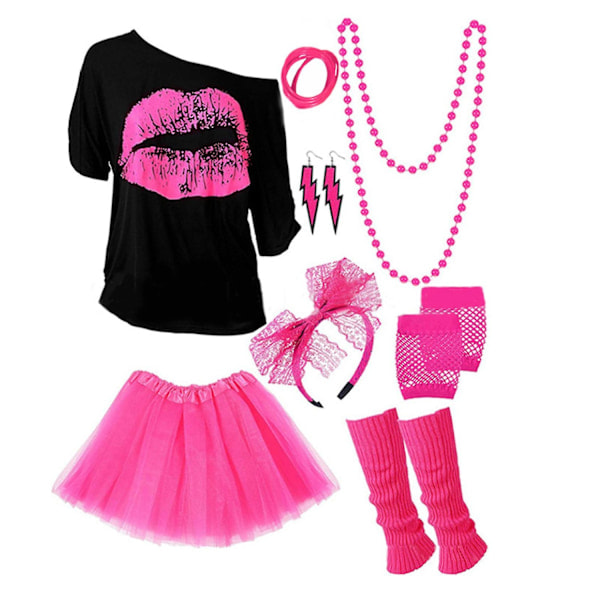 80-tals/90-tals tema kostym dam outfit cosplay party flickor karneval maskerad, 50% rabatt - WELLNGS Rosröd L Rose red L