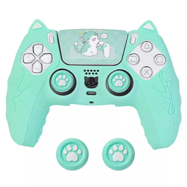 Rosa kattepote PS5-kontroller, sett med håndgrep, sklisikkert silikonskall, beskyttende deksel med joystick Green