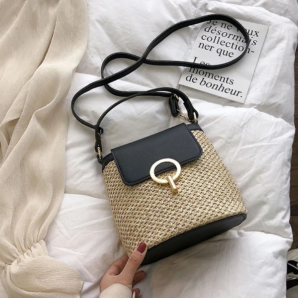 Dam Casual Halm Hink Crossbody Väska Sommar Korg Axelväska Reseväska BLACK 20x10x21cm