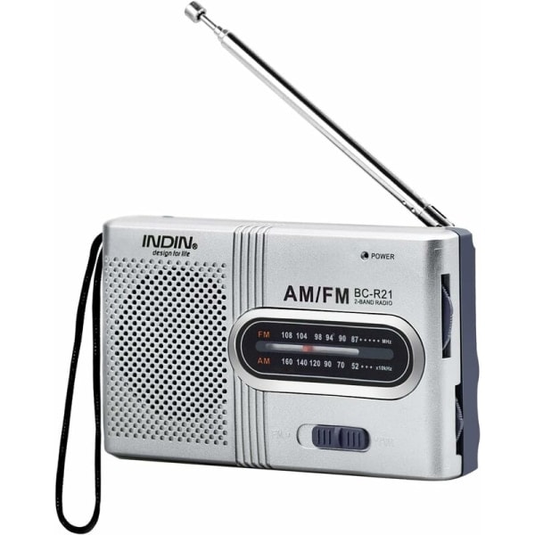 Bärbar radio liten radio Silver FM/AM (MW), extra stor inställningsknapp, miniradio med inbyggd högtalare, batteridriven