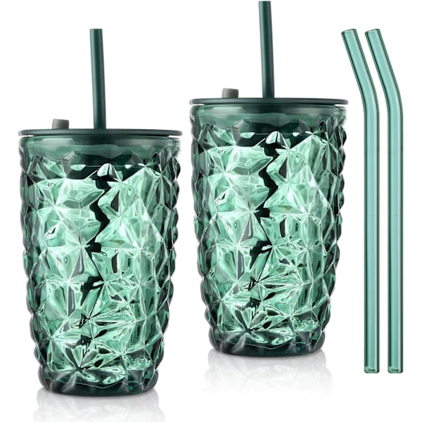 400 ml grönt glas med lock och sugrör, smoothiekopp i diamantdesign, drickskanna för iste, smoothie, juice, 2-pack