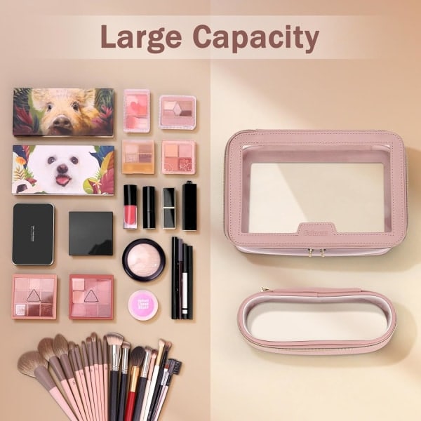Transparent Makeup Rejsetaske Med Makeupbørste Taske Bærbar Makeup Taske Transparent Vandtæt Kosmetik Opbevaringstaske Til Kvinder Brug Pink Pink