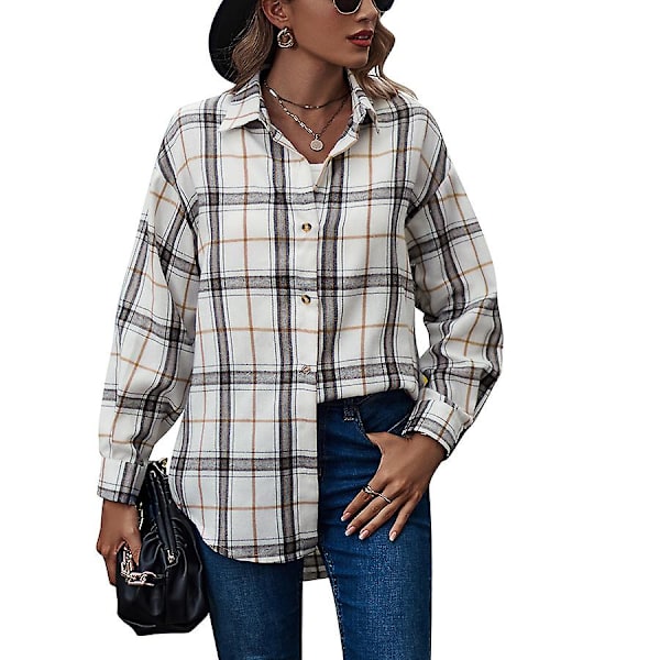 Rutete Langermet Skjorte Dame Knapper Ullblanding Tynn Jakke Casual Bluse Topper med Lomme Hvit