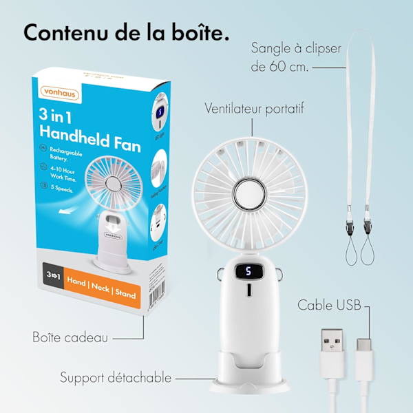 Kannettava tuuletin - Mini kevyt USB-tuuletin, 5 nopeutta, 90° kokoontaitettava, 60 cm hihnalla, puhelinteline - toimistoon, kotiin, matkoille (valkoinen)