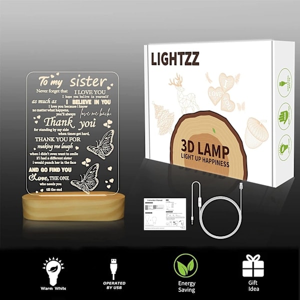Present till systrar, 3D Nattlampa Jag Älskar Dig Syster LED Illusion Bordslampa för Tjej